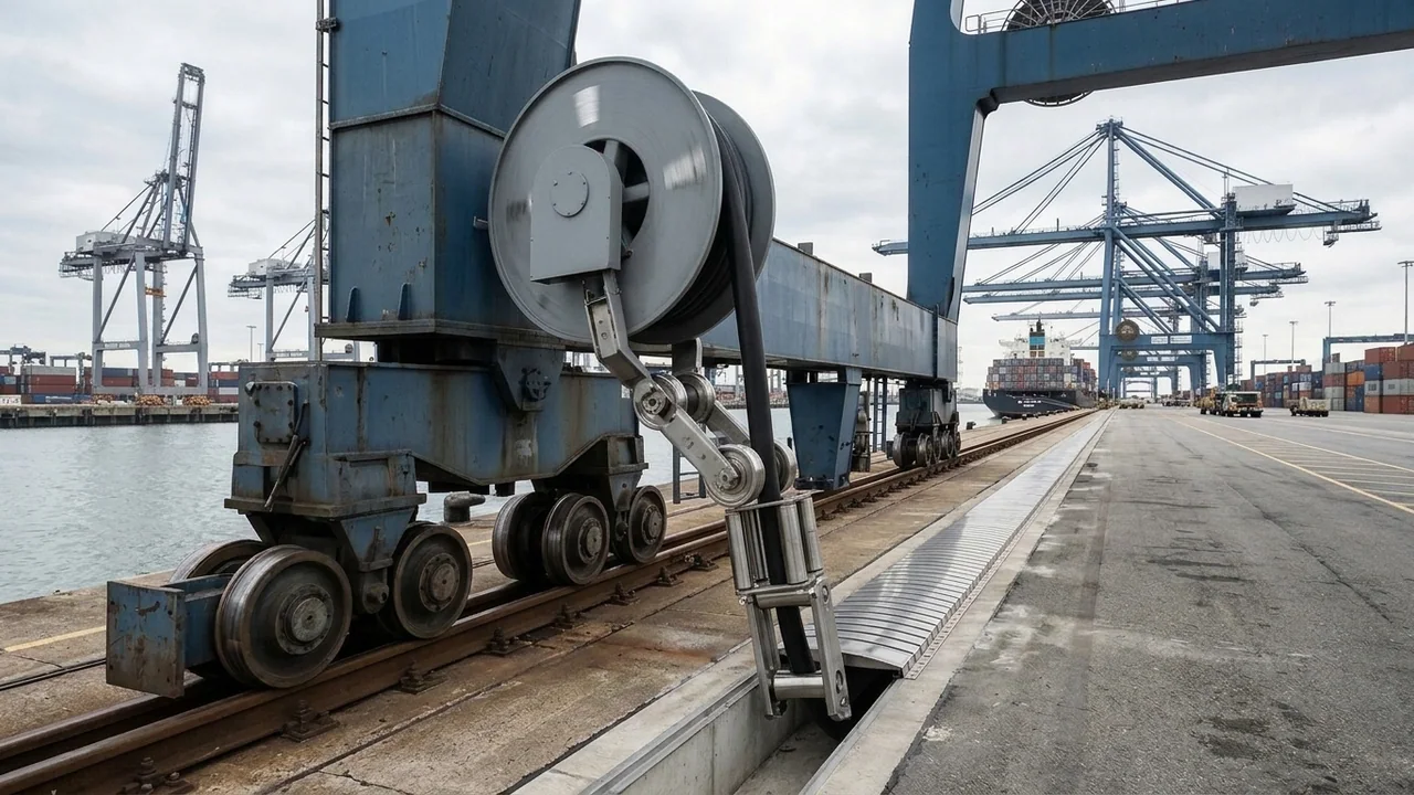 Motorized monospiral cable reel on a rail-mounted port container crane feeding a single continuous heavy black composite rubber power-and-fibre reeling cable into a 300-meter slot trench