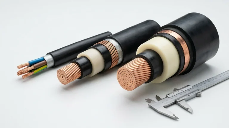 Side-by-side stepped cutaway of low-voltage flexible rubber cable, medium-voltage wire-screened EPR cable, and 35kV heavy dielectric copper-tape screened cable with vernier caliper