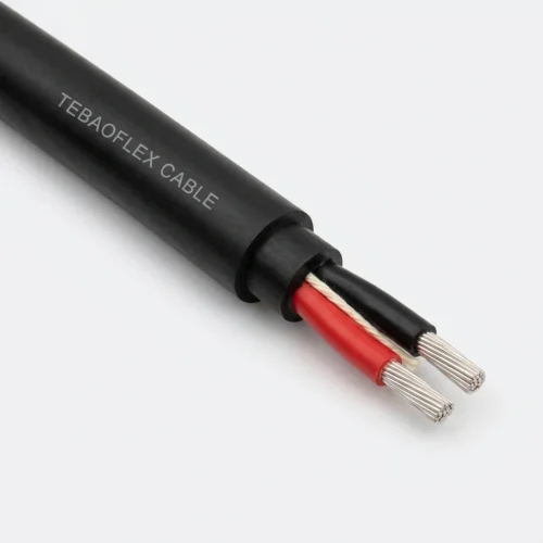 MGM-101 Turkish TTK MGM Underground Mining Cable Studio Image TEBAOFLEX MGM 101 500V heavy-duty miner's cap lamp rubber cable showing 2x1 mm² silver-white tinned copper cores, central strain cord, and black PCP jacket