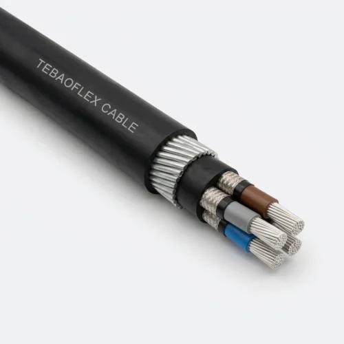 MGM-111-T320-321 Turkish TTK MGM Underground Mining Cable Studio Image TEBAOFLEX MGM 111 Type 320 and Type 321 1900/3300V flexible EPR insulated tinned copper/nylon braid screened pliable steel wire rope armoured PCP mining cable
