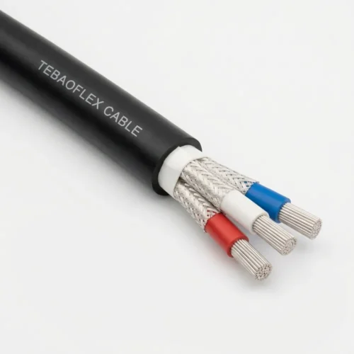 TEBAOFLEX AS/NZS 1972 Mine Feeder Type 1 1.1/1.1 kV screened machine cable showing black 5V-90 PVC covering, white binder tape, three individually composite-screened Red, White, and Blue V-90 PVC cores, and silver-white tinned copper conductors
