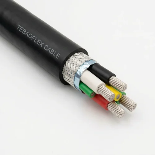 P14 MINING-VFD-2KV-3C3GGC Main Product Image TEBAOFLEX 2000V symmetrical 3+3+GC mining VFD power cable with tinned copper braid and foil shield, 3 EPDM power cores, 3 green grounds, yellow GC and black CPE jacket