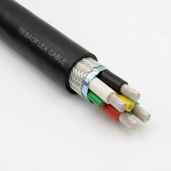 P14 MINING-VFD-2KV-3C3GGC Main Product Image TEBAOFLEX 2000V symmetrical 3+3+GC mining VFD power cable with tinned copper braid and foil shield, 3 EPDM power cores, 3 green grounds, yellow GC and black CPE jacket