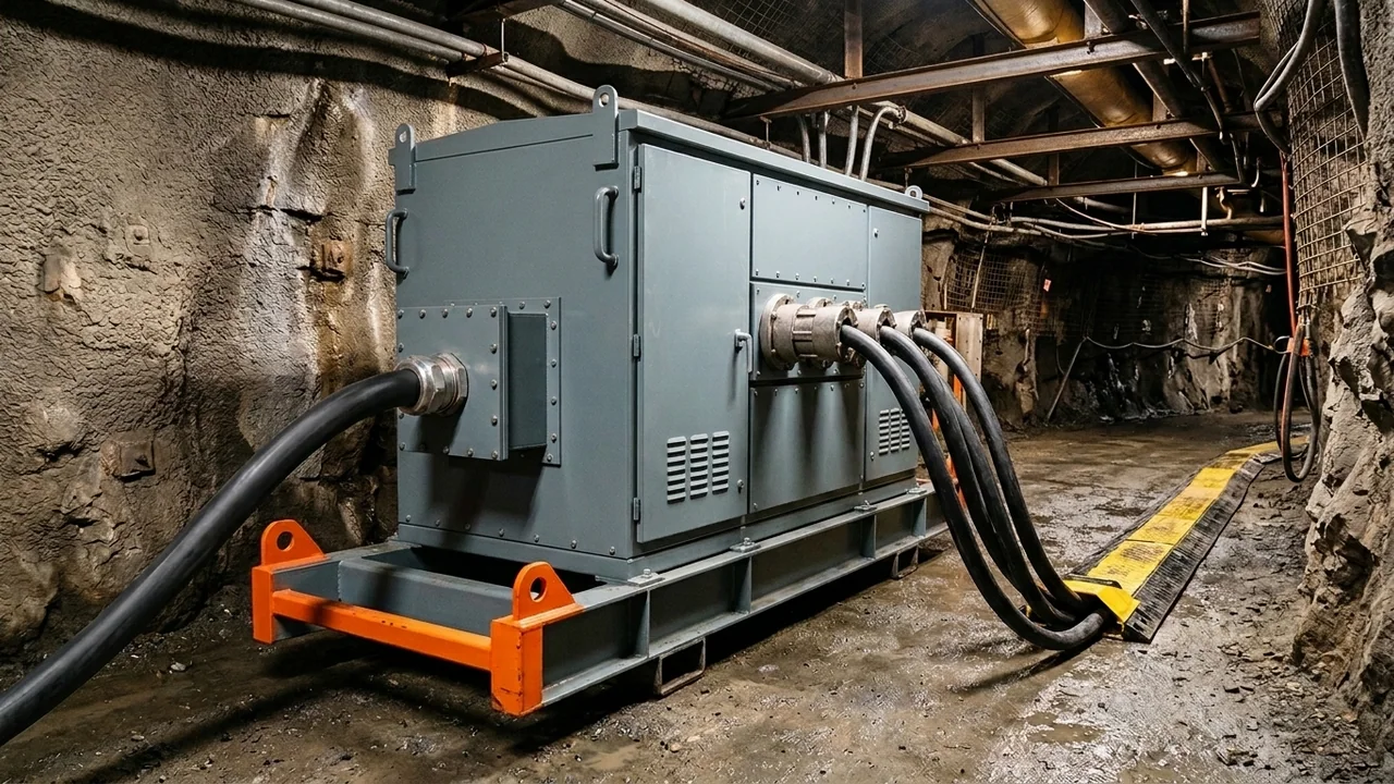 Skid-mounted mobile mining step-down substation in an underground rock tunnel bay with armoured medium-voltage primary cable entry and bolted coupler rubber trailing feeders