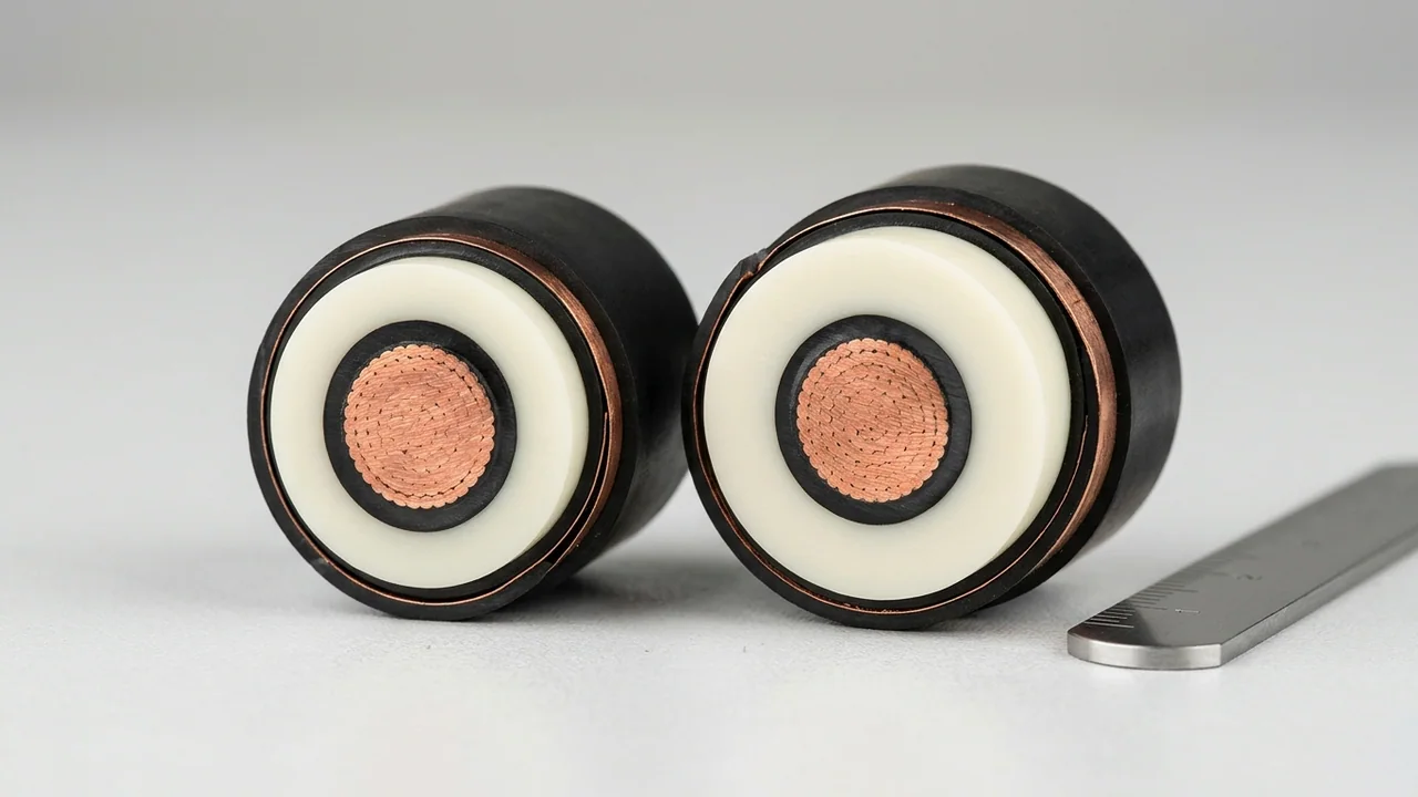 Side-by-side laboratory cross-section specimens comparing 100% insulation level versus thicker 133% EPR radial dielectric wall thickness on equal copper conductor sizes