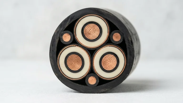 Perpendicular cross-section macro of a 3-core plus 3-split-earth medium-voltage rubber trailing cable showing individual concentric copper screens and EPR phase insulation