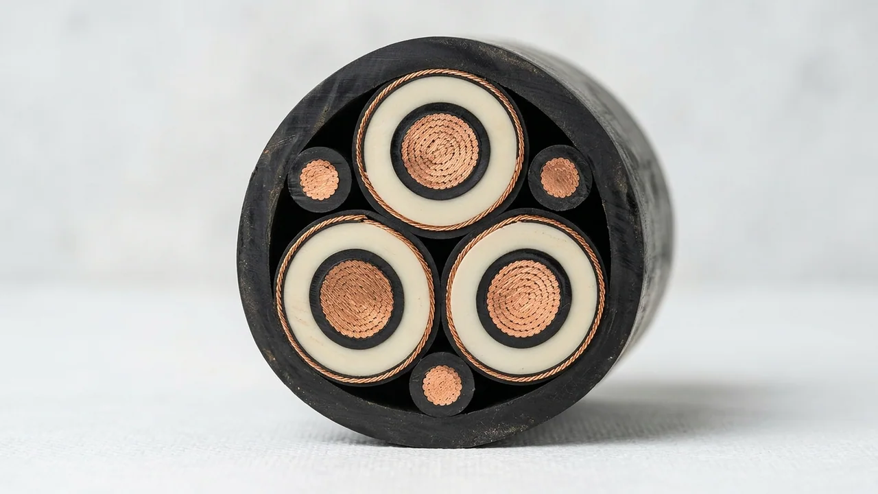 Perpendicular cross-section macro of a 3-core plus 3-split-earth medium-voltage rubber trailing cable showing individual concentric copper screens and EPR phase insulation