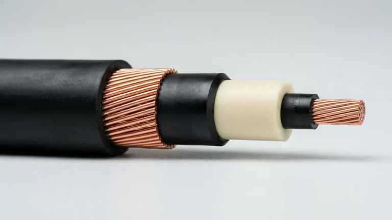 Horizontal five-step cable preparation macro of a medium-voltage flexible rubber core exposing outer sheath, helical copper wire shield, black outer semiconductive layer, cream 3GI3 EPR dielectric, and inner conductor screen over Class 5 copper