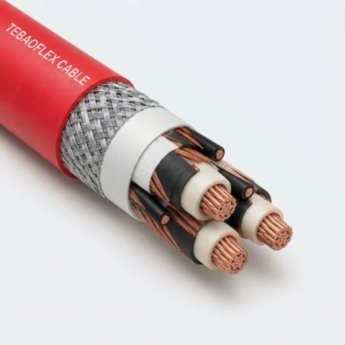TEBAOFLEX (N)3GHSSHCH 3.6/6 kV DIN VDE 0250-605 halogen-free mining cable with red HFFR outer sheath, galvanized steel-wire braid armour, monitoring conductor, 3 EPR main cores with concentric 3E screens, and 3x2.5 ST pilot cores