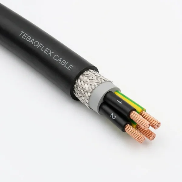 (N)3GRDC5G-J/O Screened Rubber Festoon Cable 0.6/1 kV - TEBAOFLEX CABLE TEBAOFLEX (N)3GRDC5G-J/O 0.6/1 kV EMC-screened round rubber festoon and drag chain cable with Class 5 bare copper conductors, HEPR insulation, GM1b inner sheath, 80% tinned copper and synthetic fibre braid, and black 5GM5 polychloroprene outer sheath