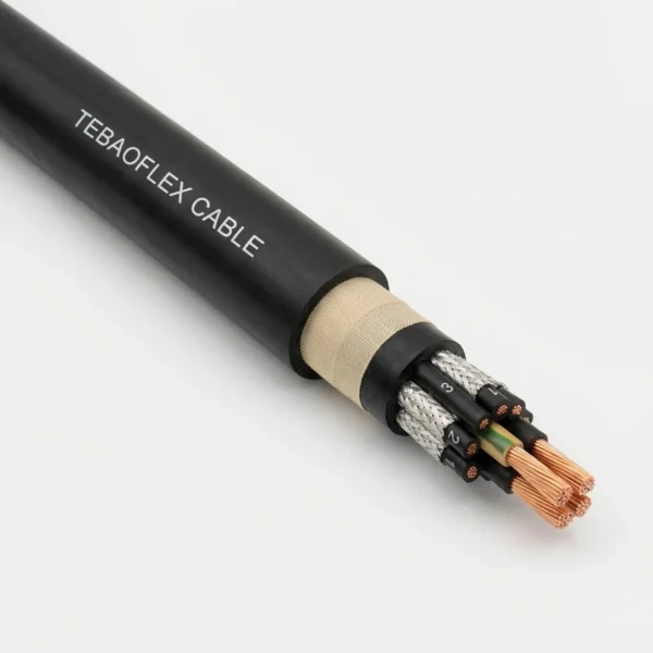 NGRDGOEU-OC-0.6-1KV Port & Crane Cable Studio Image TEBAOFLEX (N)GRDGÖU-O(C) 0.6/1 kV round black PCP rubber crane festoon cable with individually copper-screened signal cores and Class 5 bare copper conductors