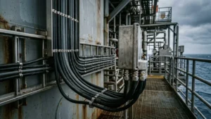 Grade 316 stainless-steel ladder cable rack on an offshore oil platform deck carrying cleated black and grey NEK 606 mud-resistant power and instrumentation cables into explosion-proof brass Ex-d glands