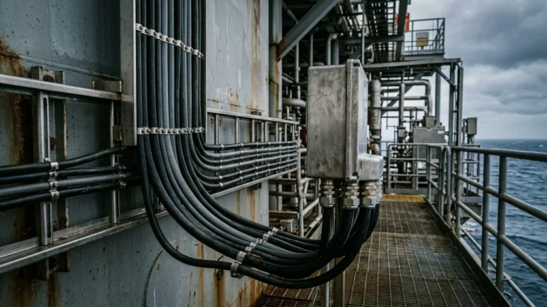 Grade 316 stainless-steel ladder cable rack on an offshore oil platform deck carrying cleated black and grey NEK 606 mud-resistant power and instrumentation cables into explosion-proof brass Ex-d glands