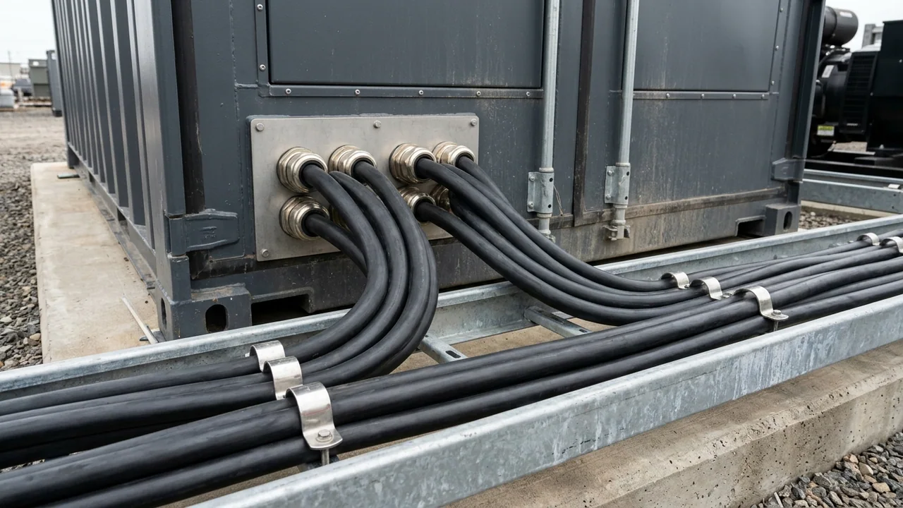 Parallel trefoil bundles of heavy-duty black rubber single-core large-kcmil flexible power feeders clamped in stainless-steel short-circuit cleats exiting a containerized generator skid onto a ladder tray
