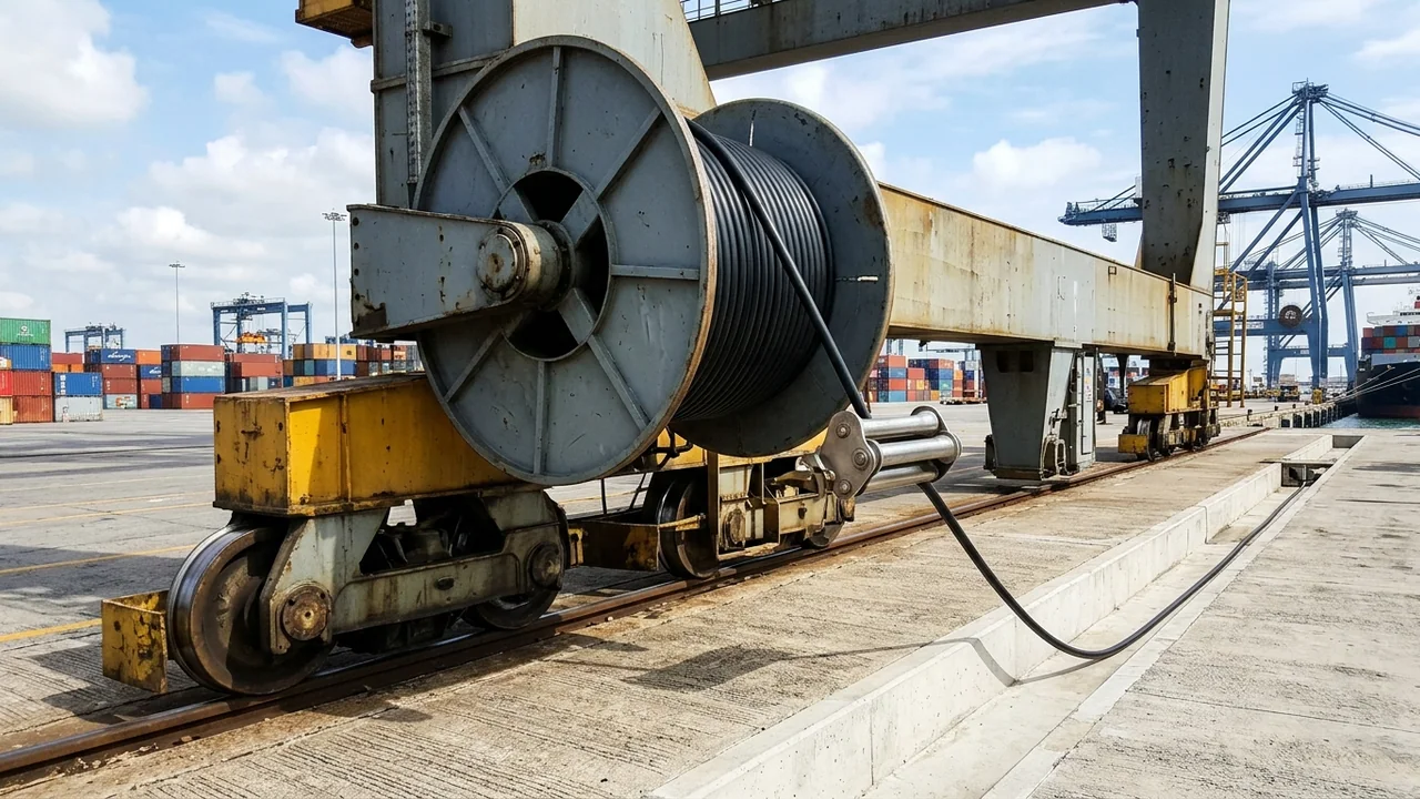 Motorized monospiral port crane cable reel drum feeding a single heavy-duty black rubber reeling cable smoothly through stainless-steel guide rollers into a rail cable trench