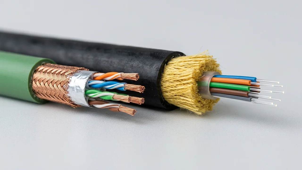 Studio macro comparison of a green PUR foil-and-braid shielded twisted-pair drag-chain data cable next to an aramid-reinforced buffered optical-fibre crane reeling core unit