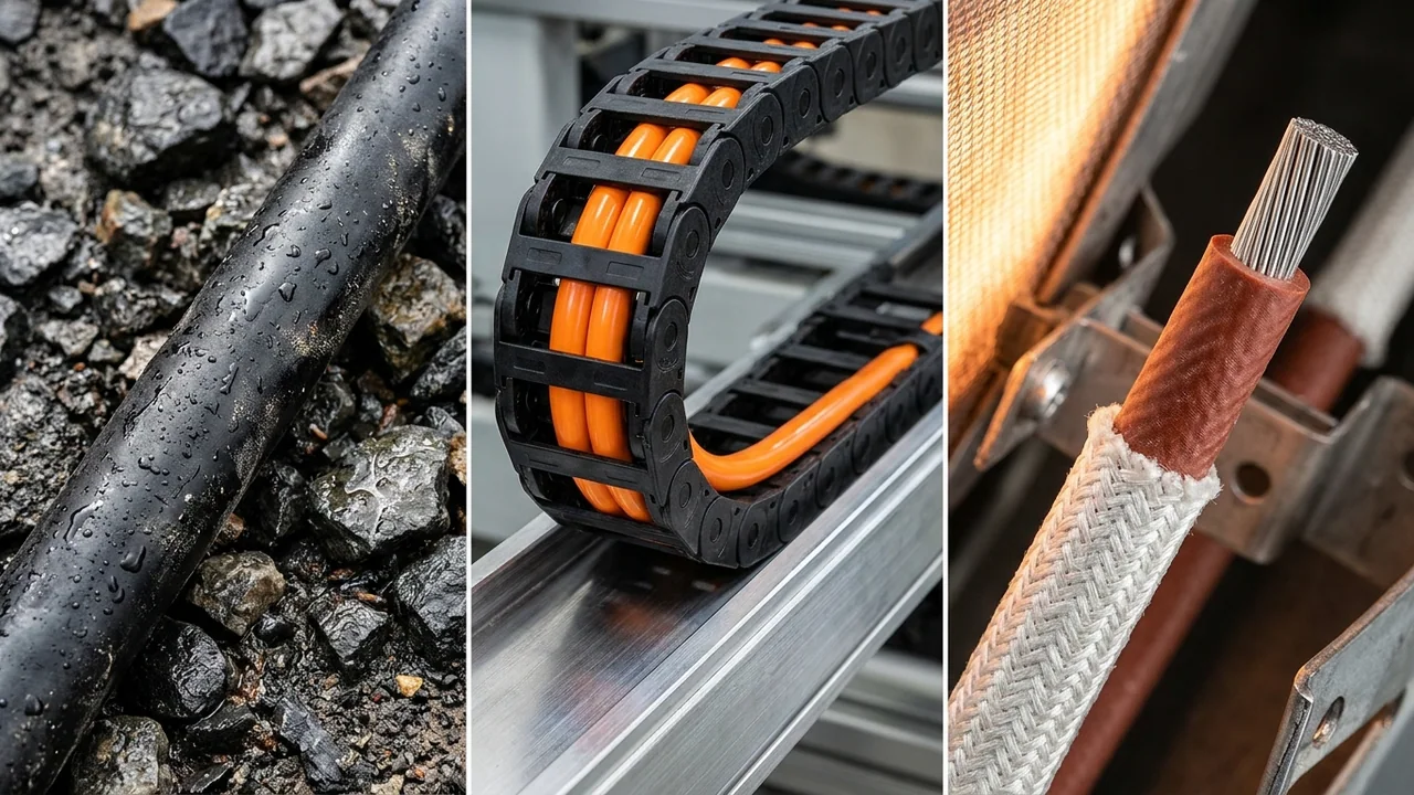 Three-part industrial comparison showing black polychloroprene rubber mining cable on wet quarry rock, orange PUR cable flexed inside an energy drag chain, and fiberglass-braided tinned-copper silicone high-temperature cable beside a radiant heater