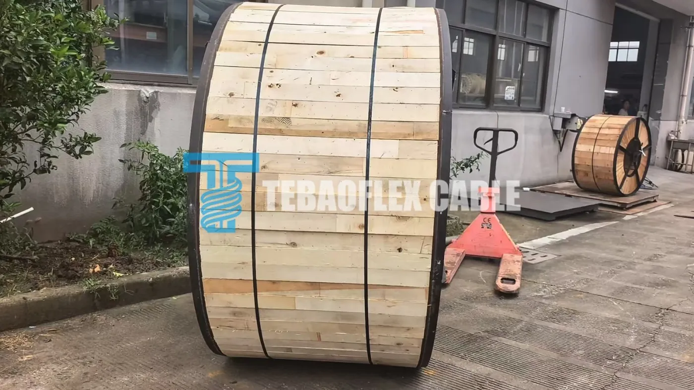 Full wooden timber lagging crate secured with steel bands around a 400 Hz airport ground power cable drum