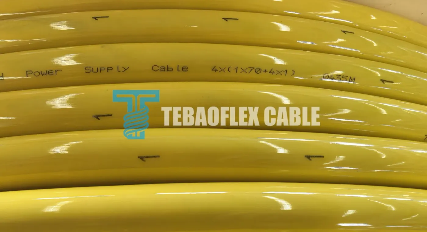 Close-up of yellow PUR aviation cable sheath printed Power Supply Cable 4x(1x70+4x1) 0435M with meter marking