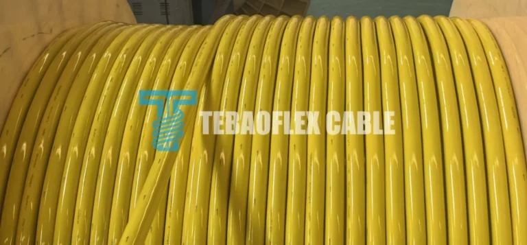 Yellow PUR 400 Hz aircraft ground power cable wound on a wooden factory drum for a Russia civil airport PIT inquiry