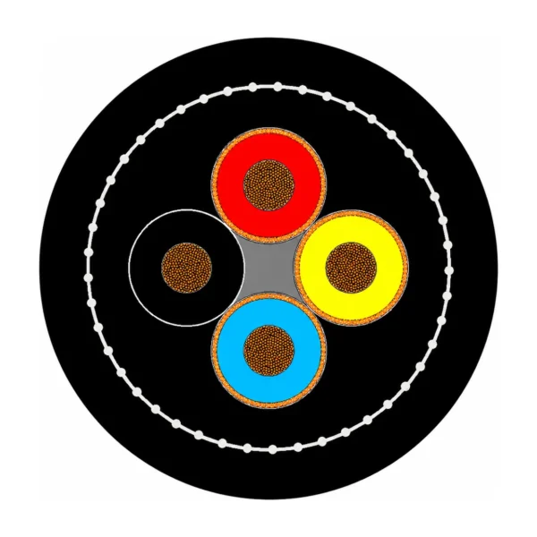 Cross-section diagram of SANS 1520-1 Type 41 640/1100V flexible trailing cable showing 3 composite-screened EPR power cores, 1 unscreened pilot core, open nylon reinforcement braid and black CR sheaths
