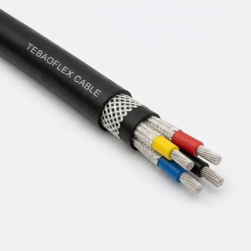 TEBAOFLEX SANS 1520-1 Type 41 640/1100V flexible mining trailing cable with black polychloroprene CR outer sheath, open nylon reinforcement braid, three composite-screened EPR power cores, and one unscreened pilot core with Class 5 tinned copper conductors