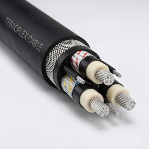 TEBAOFLEX SANS 1520-2 Type 622 and Type 622-ECC 12.7/22kV medium-voltage screened reeling and dragline mining cable with black CR outer sheath, open nylon reinforcement braid, three heavy-wall triple-extruded 22kV EPR power cores with strippable semi-con screen and phase-tracer braids, two EPM pilots, and bare tinned copper ECC