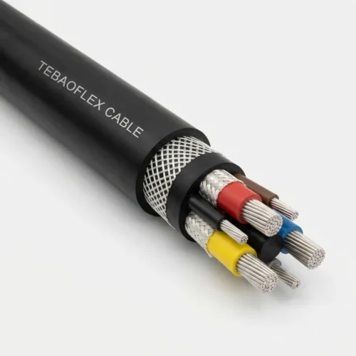 TEBAOFLEX SANS 1520-2 Type 63 1.9/3.3kV medium voltage flexible trailing and reeling mining cable with black polychloroprene CR outer sheath, open nylon reinforcement braid, three composite-screened EPR power cores, and three interstitial pilot cores with Class 5 tinned copper conductors