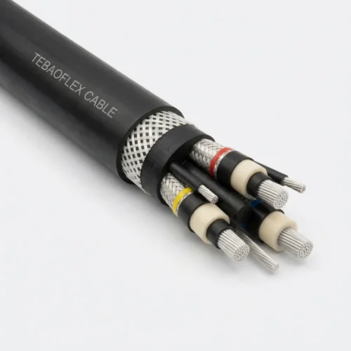 TEBAOFLEX SANS 1520-2 Type 633 and Type 633-ECC 19/33kV medium-voltage screened reeling and section feeder mining cable with black CR outer sheath, open nylon reinforcement braid, three extra-thick-wall triple-extruded 33kV EPR power cores with strippable semi-conducting screen and phase-tracer braids, two EPM pilots, and bare tinned copper ECC