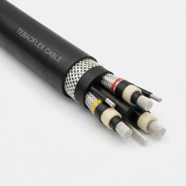 TEBAOFLEX SANS 1520-2 Type 633 and Type 633-ECC 19/33kV medium-voltage screened reeling and section feeder mining cable with black CR outer sheath, open nylon reinforcement braid, three extra-thick-wall triple-extruded 33kV EPR power cores with strippable semi-conducting screen and phase-tracer braids, two EPM pilots, and bare tinned copper ECC