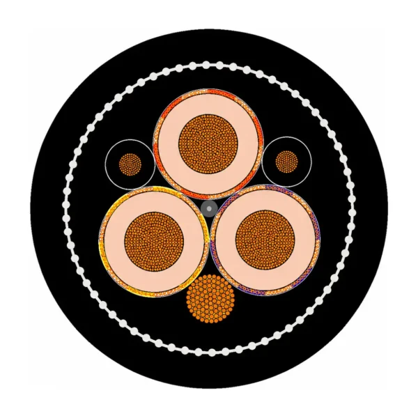 Cross-section diagram of SANS 1520-2 Type 633-ECC 19/33kV screened reeling cable showing 3 extra-heavy-wall triple-extruded EPR power cores, 2 EPM pilot cores, 1 bare tinned copper ECC conductor, nylon braid and black CR sheaths