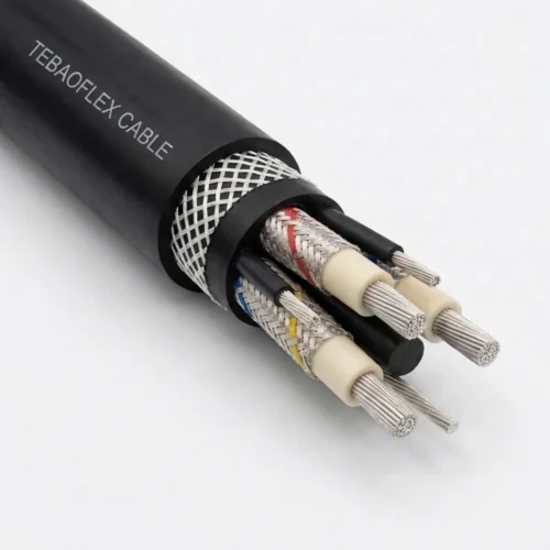 TEBAOFLEX SANS 1520-2 Type 66 and Type 66-ECC 3.8/6.6kV medium-voltage screened mining cable with black polychloroprene CR outer sheath, open nylon reinforcement braid, three composite-screened EPR power cores with phase tracers, two EPM pilot cores, and bare tinned copper ECC earth conductor