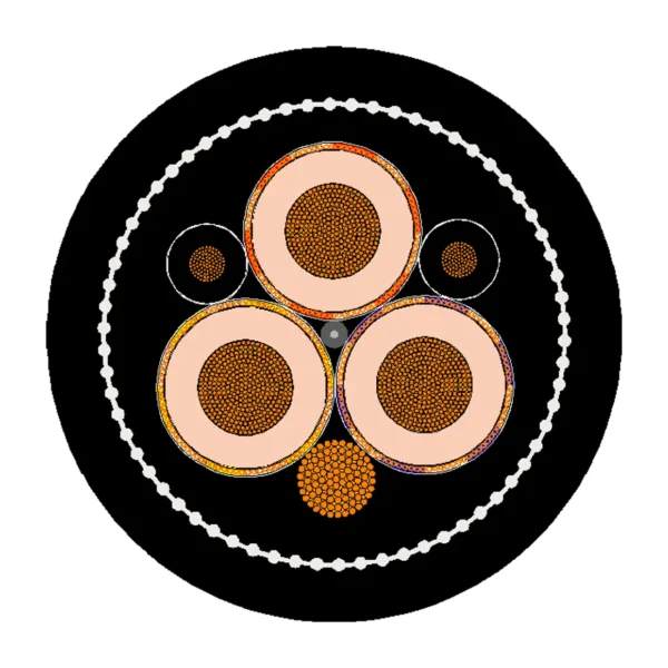 SANS 1520-2 Type 66 & Type 66-ECC 3.8/6.6kV Cable Cross-Section Diagram Cross-section diagram of SANS 1520-2 Type 66-ECC 3.8/6.6kV screened mining cable showing 3 composite-screened EPR power cores, 2 EPM pilot cores, 1 bare tinned copper ECC earth conductor, open nylon braid and black CR sheaths