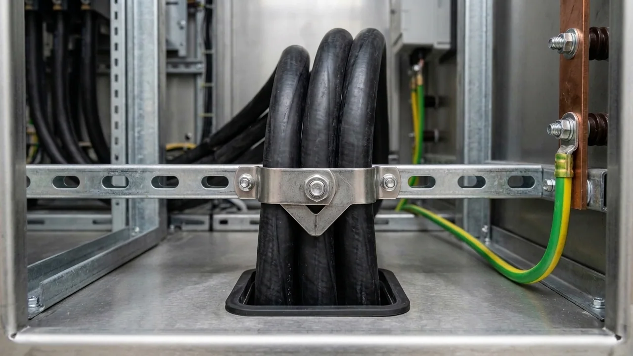 Three single-core flexible rubber phase cables clamped together in a stainless-steel short-circuit cleat assembly passing through one shared gasketed aperture in a non-magnetic Grade 316 stainless-steel switchgear gland plate