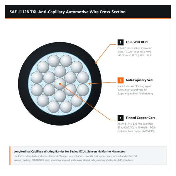 SAE J1128 TXL Anti-Capillary Wire Cross-Section Anatomy Cross-section diagram of TEBAOFLEX SAE J1128 TXL anti-capillary water-blocked automotive wire showing 19-strand tinned copper conductor, inter-strand silica silicone blocking sealant, and thin-wall XLPE insulation