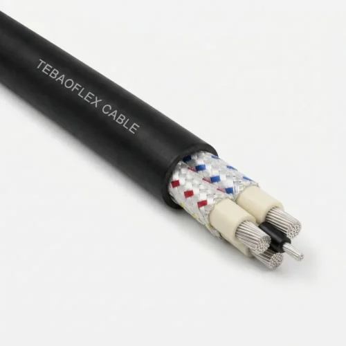 TEBAOFLEX AS/NZS 1802 Type 210 1.1/1.1 kV composite screened flexible rubber mining cable for hand-held boring machines showing HD-85-PCP sheath, red/white/blue composite tinned copper braid screens, R-EP-90 EPR insulation, central pilot and tinned copper conductors