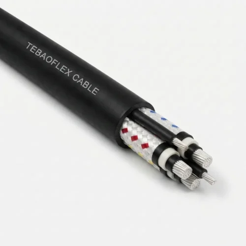 TEBAOFLEX AS/NZS 1802 Type 240 composite screened rubber mining feeder cable (1.1 kV to 11 kV) showing black HD-85-PCP sheath, three composite-screened phase cores with red/white/blue tracers, three interstitial pilot cores, and silver tinned copper conductors
