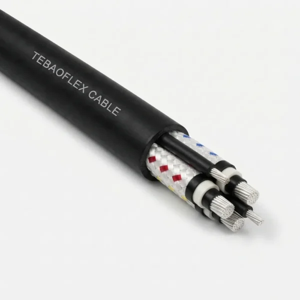 TEBAOFLEX AS/NZS 1802 Type 240 composite screened rubber mining feeder cable (1.1 kV to 11 kV) showing black HD-85-PCP sheath, three composite-screened phase cores with red/white/blue tracers, three interstitial pilot cores, and silver tinned copper conductors
