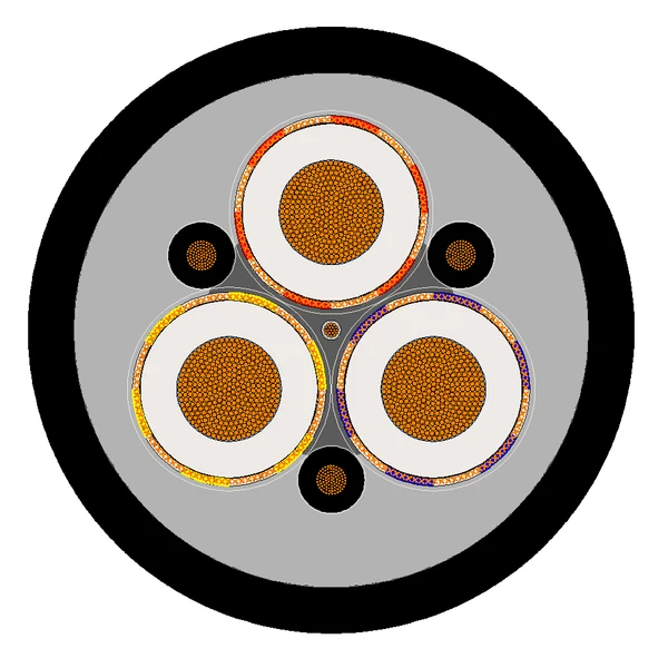 Cross-section diagram of TEBAOFLEX AS/NZS 1802 Type 240 composite screened mining feeder cable with three interstitial pilot cores
