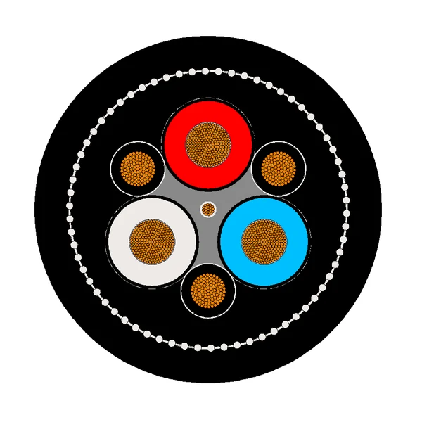 Cross-section diagram of TEBAOFLEX AS/NZS 1802 Type 241 semiconductive screened mining cable showing open-weave reinforcement, three phase cores, three interstitial earths, and central pilot