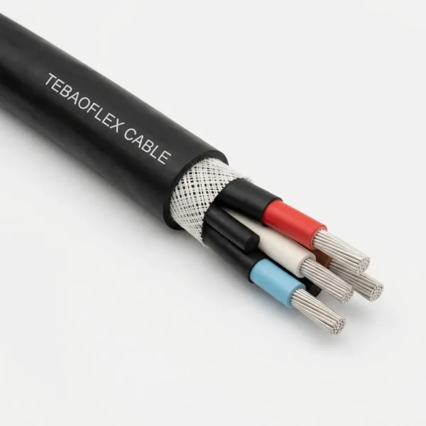 TEBAOFLEX AS/NZS 1802 Type 241 semiconductive screened flexible mining cable (1.1 kV to 11 kV) showing HD-85-PCP sheath, open-weave reinforcement braid, black semiconductive elastomer screens over red/white/blue EPR cores, interstitial earth cores, and tinned copper conductors