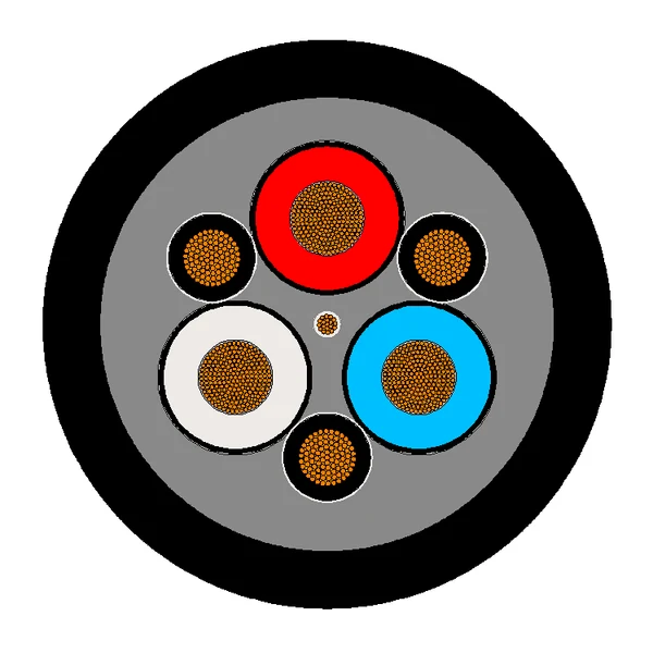 Cross-section diagram of TEBAOFLEX AS/NZS 1802 Type 241SF Superflex semiconductive screened mining cable showing semiconductive PCP cradle filling, three phase cores, three interstitial earths, and central pilot