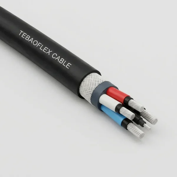 TEBAOFLEX Type 241SF Superflex Semiconductive Screened Cable (AS/NZS 1802) Monorail Mining Cable TEBAOFLEX AS/NZS 1802 Type 241SF Superflex extra-flexible semiconductive screened mining cable (1.1 kV to 11 kV) showing HD-85-PCP sheath, open-weave reinforcement, semiconductive PCP cradle filling, red/white/blue EPR cores, and rope-lay tinned copper conductors