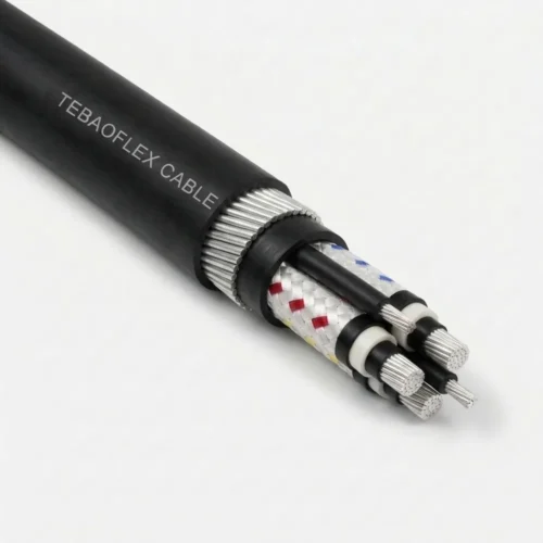 TEBAOFLEX AS/NZS 1802 Type 260 pliable galvanised steel wire armoured rubber mining feeder cable (1.1 kV to 11 kV) showing heavy-duty black PCP outer sheath, 7-wire stranded galvanised steel armour, PCP inner bedding, composite copper-braided EPR phase cores, interstitial pilot, and tinned copper conductors