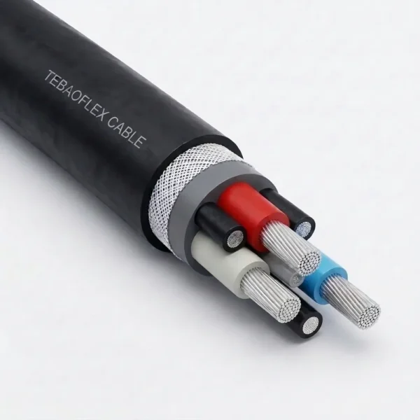 TEBAOFLEX AS/NZS 1802 Type 275 1.1/1.1 kV anti-corkscrewing shuttle car reeling cable showing black HD-85-PCP sheath, open-weave reinforcement braid, semiconductive elastomer cradle, three unscreened red/white/blue EPR phase cores, three interstitial earth cores, central pilot, and tinned copper conductors