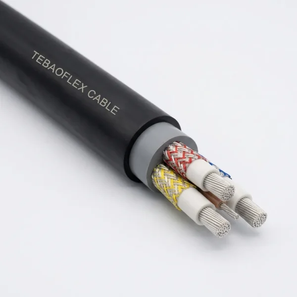 TEBAOFLEX Type 409 Class 2 Composite Screened Trailing Cable (AS/NZS 2802) TEBAOFLEX AS/NZS 2802 Type 409 Class 2 composite screened open-cut mining trailing cable with heavy-duty black HD-85-PCP sheath, three composite tinned copper and polyester screened EPR phase cores, and central pilot core
