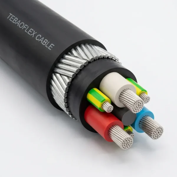 TEBAOFLEX AS/NZS 2802 Type 412 1.1 kV pliable galvanised steel wire armoured mining supply cable showing outer elastomer sheath, 7-wire galvanised steel armour strands, inner bedding, three Class 2 EPR phase cores, and three interstitial earth cores