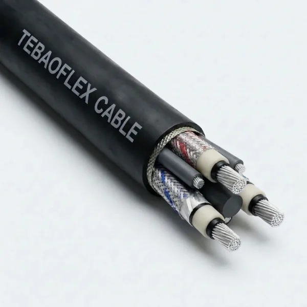 TEBAOFLEX AS/NZS 2802 Type 440 Class 2 composite screened trailing and reeling cable showing polyaramid-reinforced HD-85-PCP sheath, three composite tinned copper and polyester screened EPR phase cores, and three interstitial pilot cores