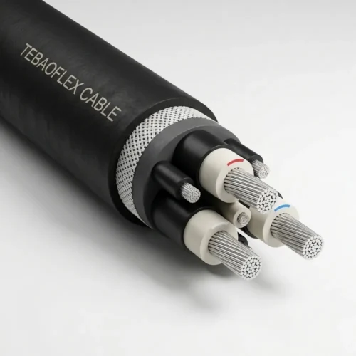 TEBAOFLEX AS/NZS 2802 Type 441 semiconductive screened reeling and trailing mining cable showing polyaramid-reinforced black PCP outer sheath, three semiconductive-screened EPR power cores, three interstitial earth cores, and central pilot core