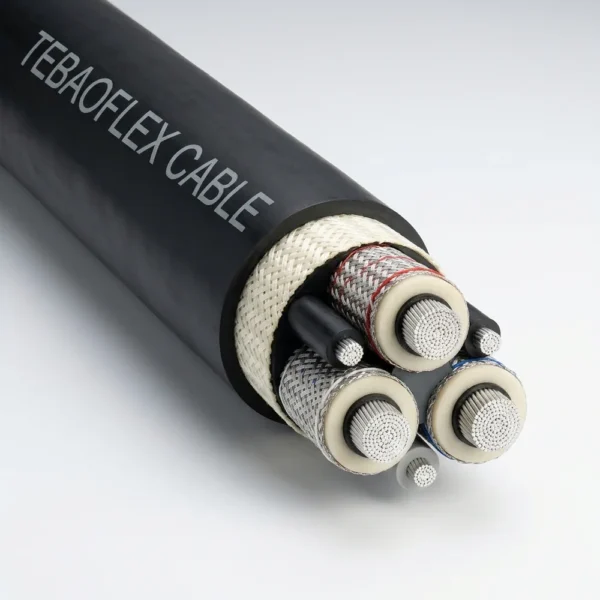 TEBAOFLEX Type 450 Class 1 Composite Screened Reeling & Trailing Cable (AS/NZS 2802) TEBAOFLEX AS/NZS 2802 Type 450 Class 1 composite screened reeling cable for draglines, shovels, and wharf cranes showing polyaramid-reinforced XHD-85-PCP sheath, three composite-screened XR-EP-90 phase cores, two interstitial earths, and one equal-size interstitial pilot